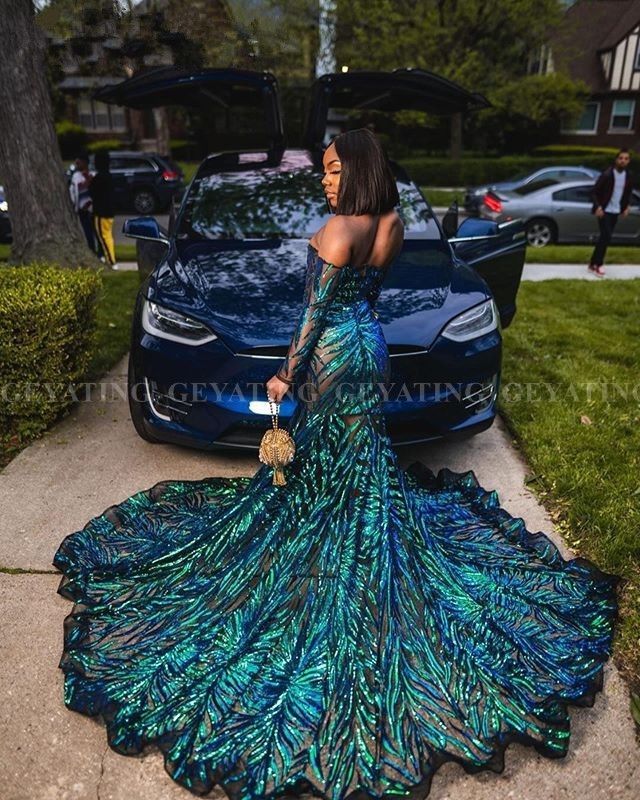 Emerald Green Off Shoulder Mermaid Long Sleeve Prom Dress For Black