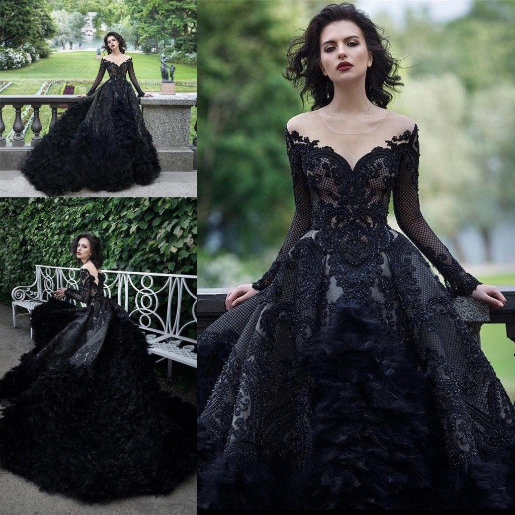black feather wedding dress