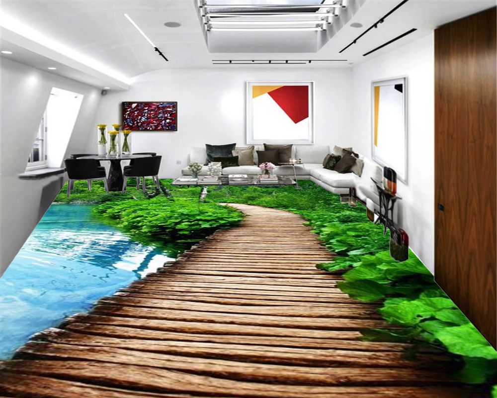 Self Adhesive 3d Floor Wallpaper Beautiful Lake Promenade In Blue