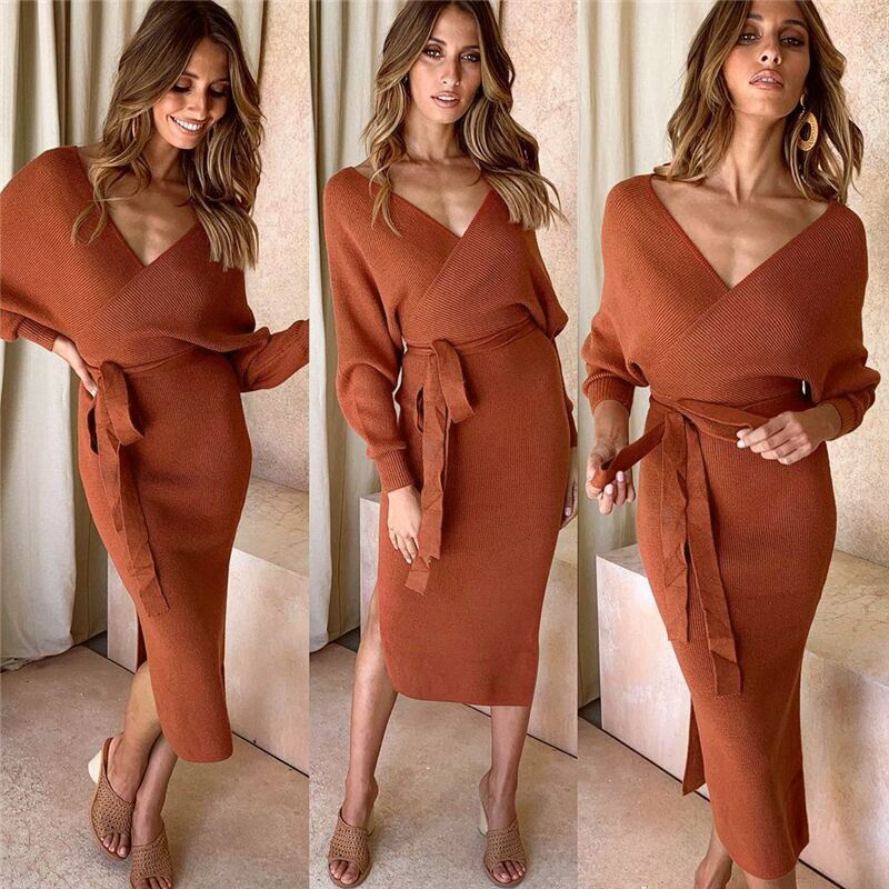long sleeve split midi dress