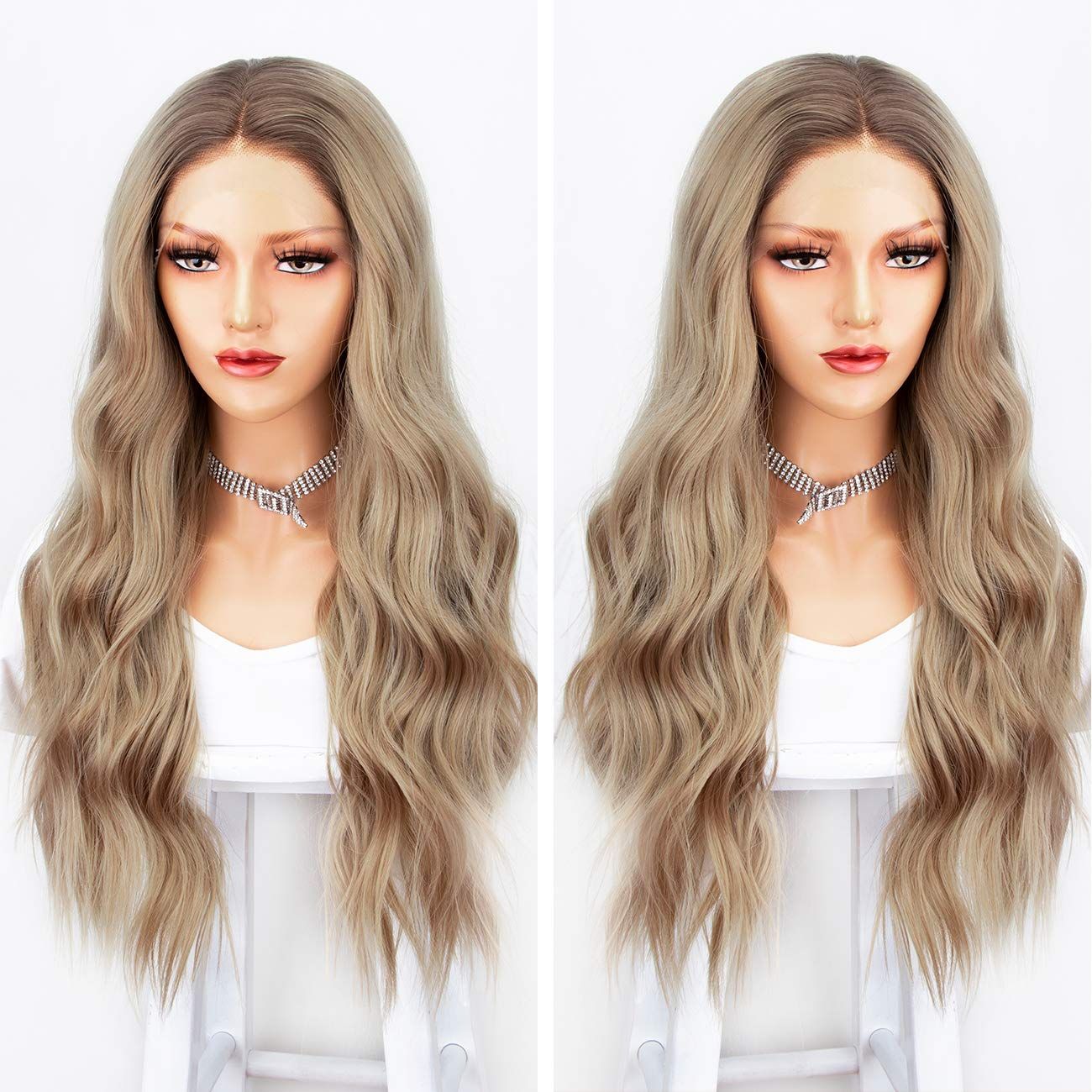 Ombre Blonde Lace Front Wig Soft Brown Roots Ash Blonde Wigs For