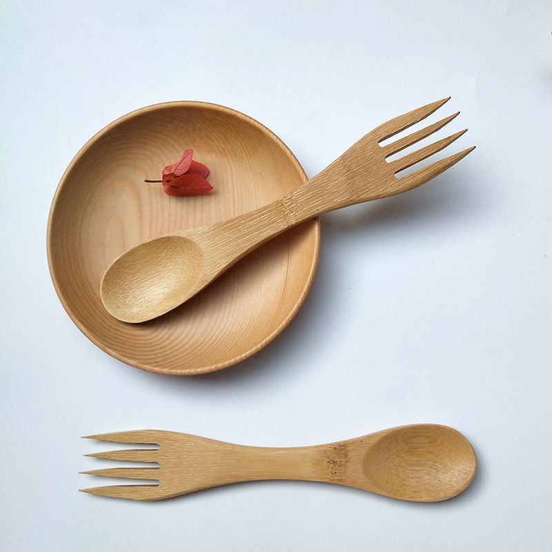 Creative 2 In 1 Bamboo Spoon Fork Natural Bamboo Household Children