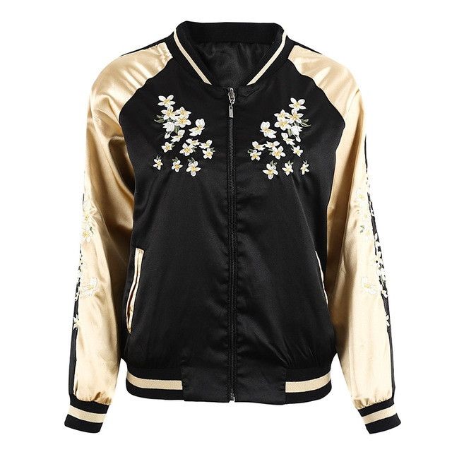 Womens Casual Floral Embroidery Reversible Satin Bomber Jacket