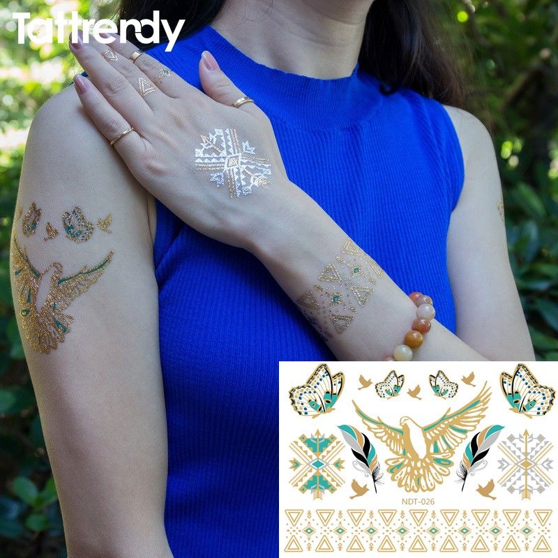Acheter Or Tatouage Temporaire Flash Bras épaule Oiseau Papillon Plume Couleur Bleu Bracelet En Métal Bijou Autocollant Faux Femmes Tatouages N26 De