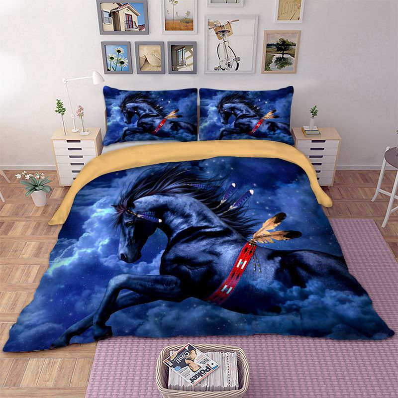 Blue Color Flying Horse Bedding Set Size Queen King Bedding