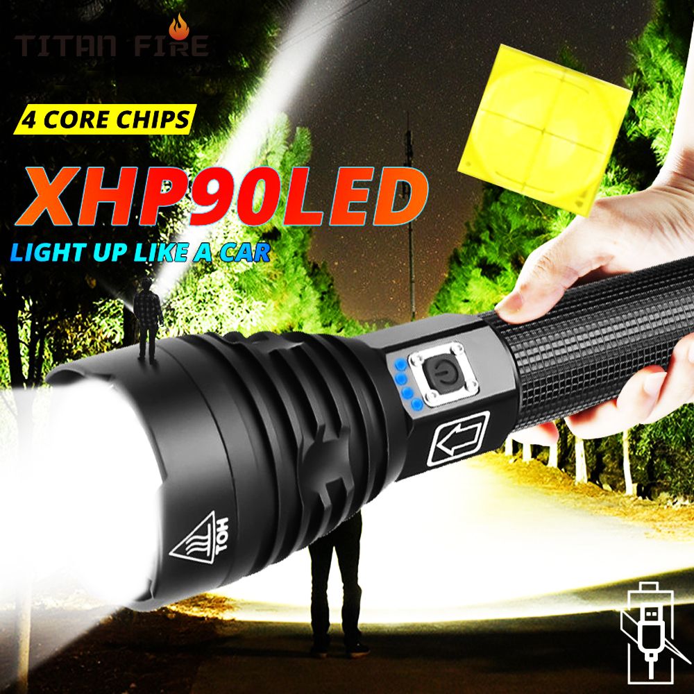 Linterna LED XHP90 de alta potencia 10000 l/úmenes Linterna de mano LED XHP90 ultrabrillante Antorcha recargable USB tipo C L/ámpara antorcha impermeable con zoom ajustable para senderismo Camping Pesca