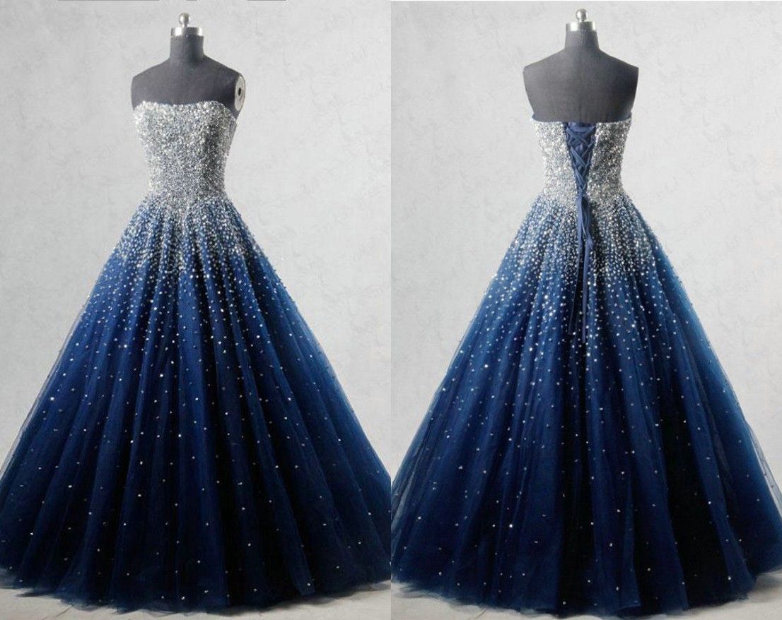 Charming Navy Blue Bling Beads Quinceanera Prom Dresses Ball Gown Tulle  Crystals Strapless Corset Cheap Sweet 16 Dress Vestidos 15 Anos