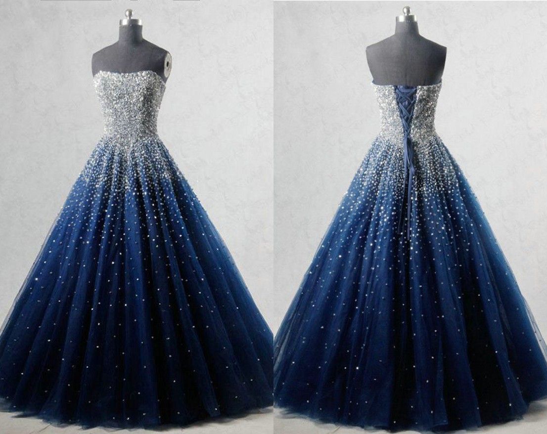 Charming Navy Blue Bling Beads Quinceanera Prom Dresses Ball Gown Tulle Crystals Strapless Corset Cheap Sweet 16 Dress Vestidos 15 Anos Charming Navy Blue Bling Beads Quinceanera Prom Dresses Ball Gown Tulle Crystals Strapless Corset Cheap Sweet 16 Dress Vestidos 15 Anos