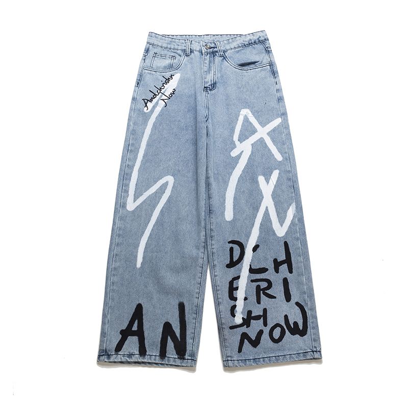 Jeans para hombres Pintados a mano Pantalones de suelta Pierna recta Lavado Lavado Pantalones de mezclilla Streetwear Pareja de gran tamaño