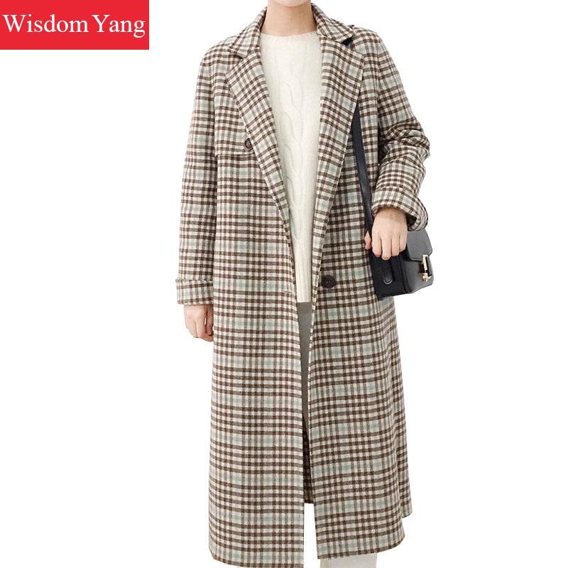 Elegante invierno para mujer oveja traje de lana abrigos a cuadros 2018 coreana de lana