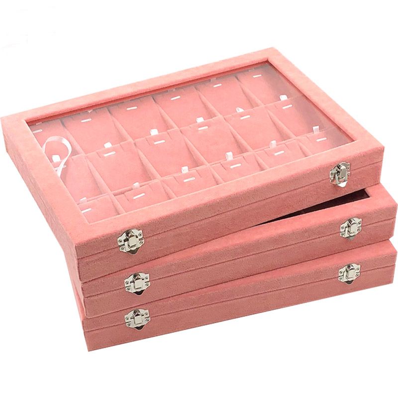 2020 Pink Velvet Jewelry Organizer Display Tray With Glass Lid