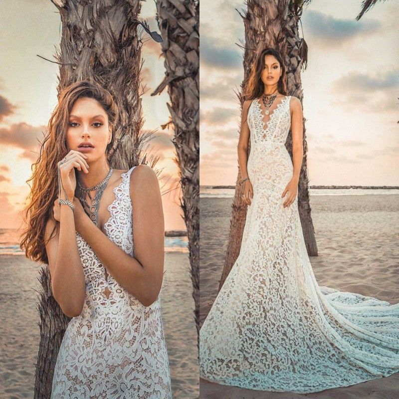Mermaid V Neck Long Sleeves Lace Beach Plus Size Wedding Dress 226 99 Calmgravity Com