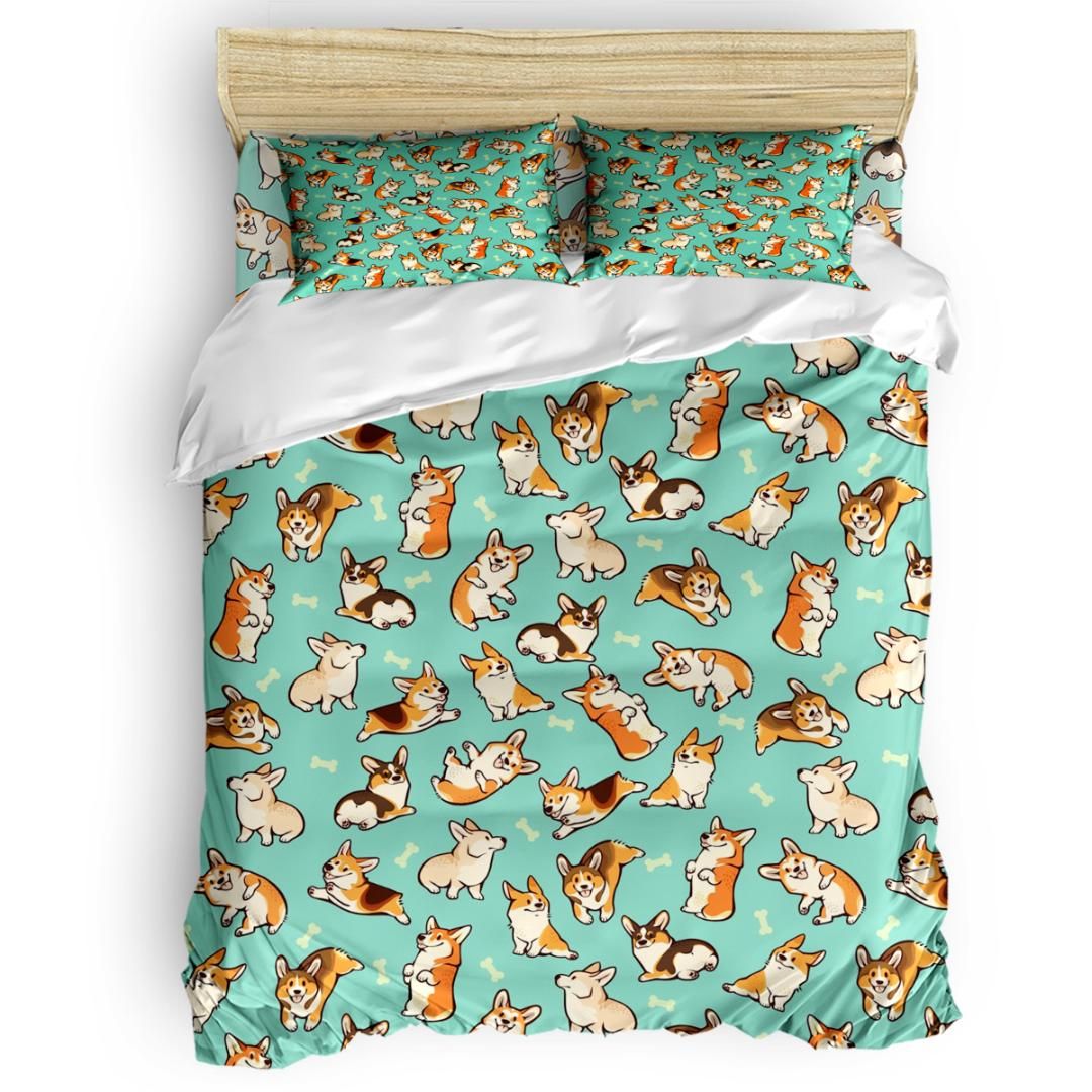Jolly Corgis In Green Duvet Cover Set Dog Bed Sheets Comforter