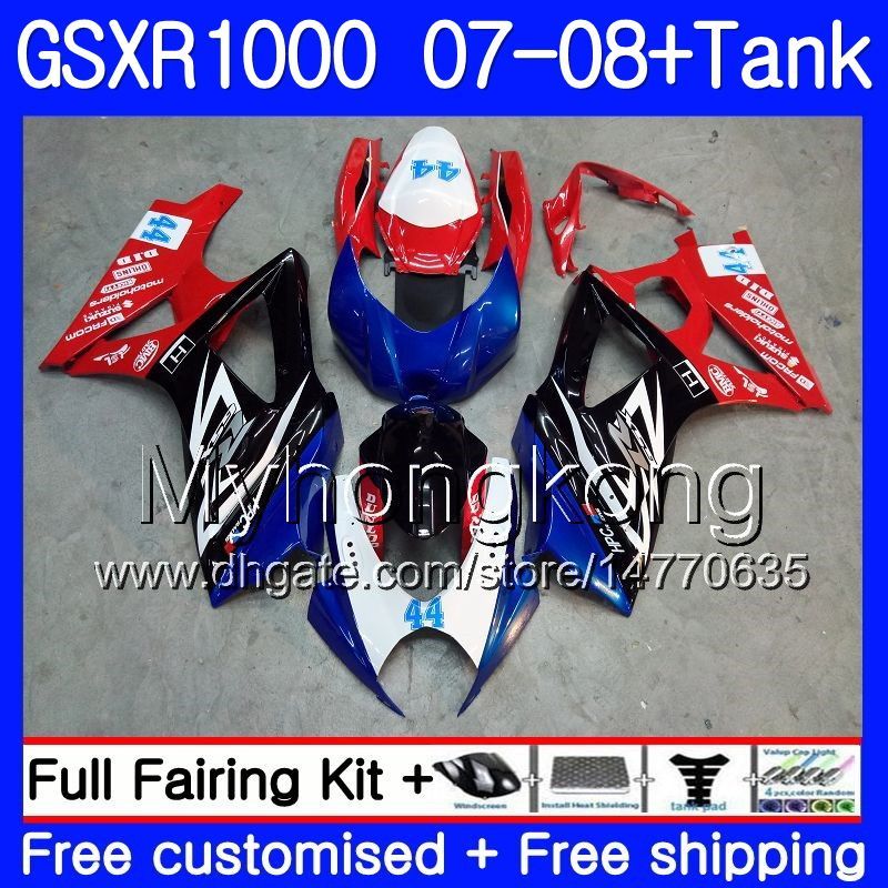 7Gifts + Tank för Suzuki GSXR-1000 K7 GSX-R1000 GSXR 1000 07 08 301HM.3 GSXR1000 07 08 Bodywork GSXR1000 Ny blå röd ram 2007 2008 Fairings