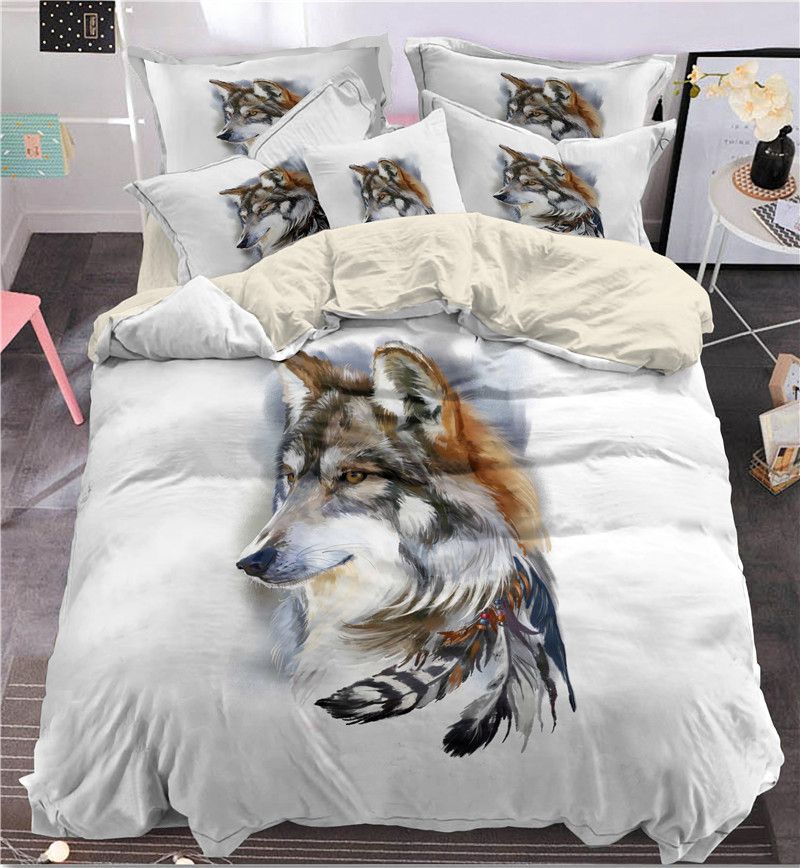 3d Indian Feather Wolf Bedding Set King Size Bohemia Wolf Print