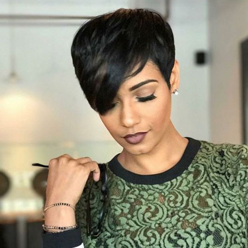 Short Pixie Human Hair Wigs Side Bangs For African American Women