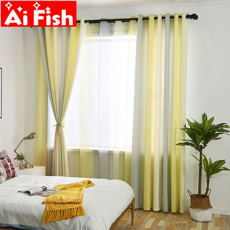 Modern Window Curtains Semi Shading, Yellow And Gray Curtains For Bedroom