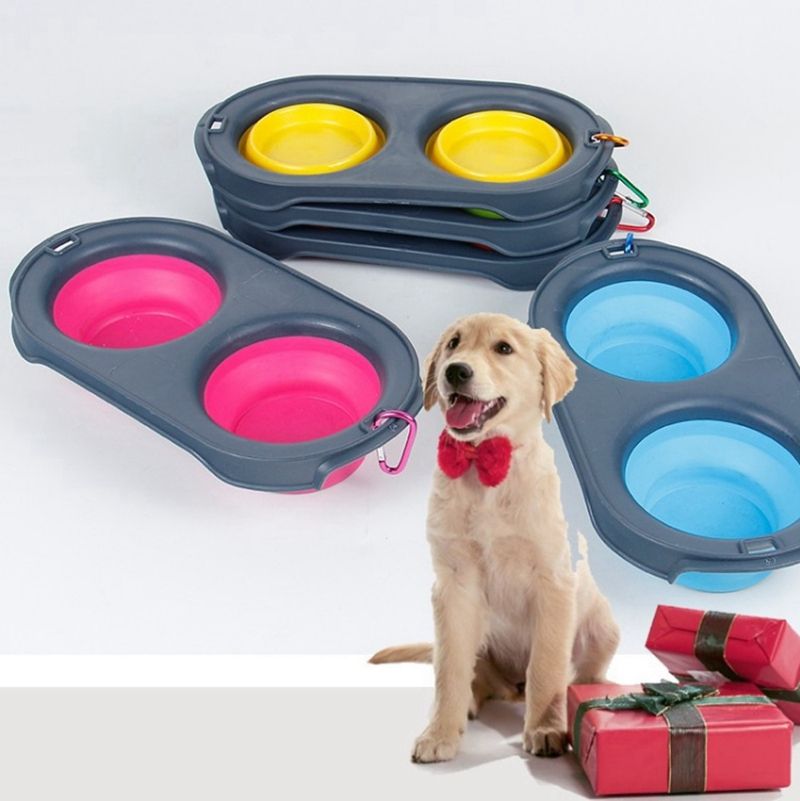 2021 Pet Dog Bowl Double Silicone Foldable Bowls With Carabiner