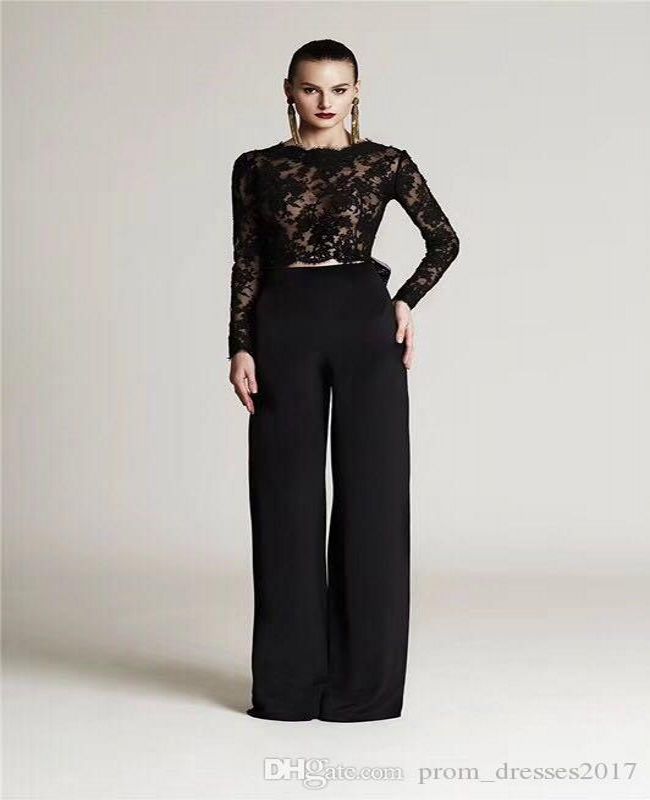 Modest Two Pieces Black Lace Top Pant Evening Gowns With Big Bow Arabic ...