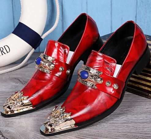 Demonio Rubine Sapphire Marca Zapatos Vestido sin cordones Metal vintage Punta estrecha Cuero