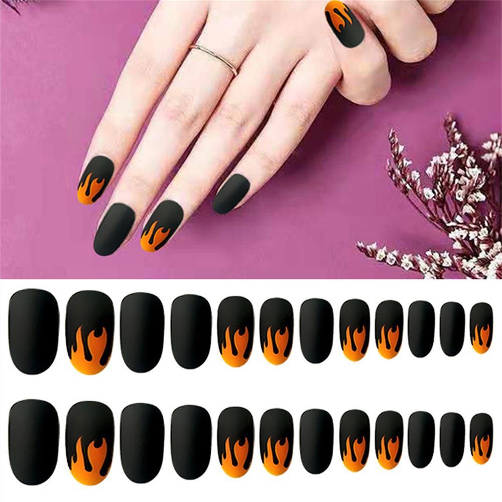 Punk Fire Pattern Matte False Nails Glue Dark Black Pre Design Short Round  Head Full Cover Nail Tips Fnished Nail Art From Rainbow_company, $2.12 |  DHgate.Com