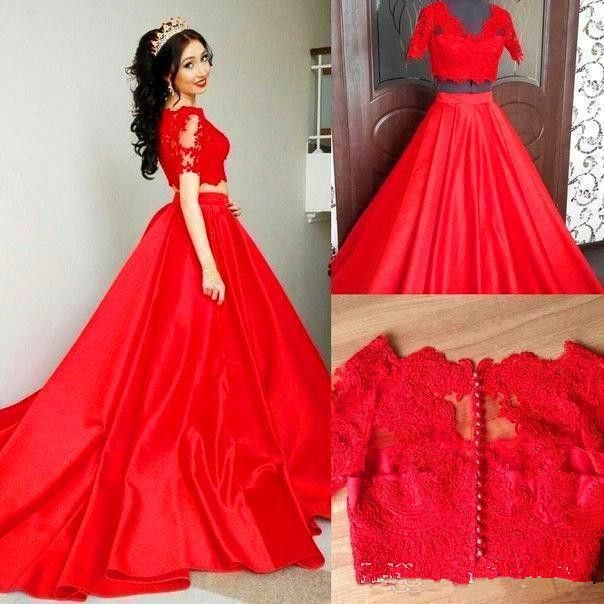 Compra Rojo De Dos Piezas De Vestidos De Noche Quinceanera Dulce 15 Party  Girl Prom Viste Falda De Satén Vestido De Soirée Vestidos Formales De Largo  BS01 Barato | Entrega Rápida Y