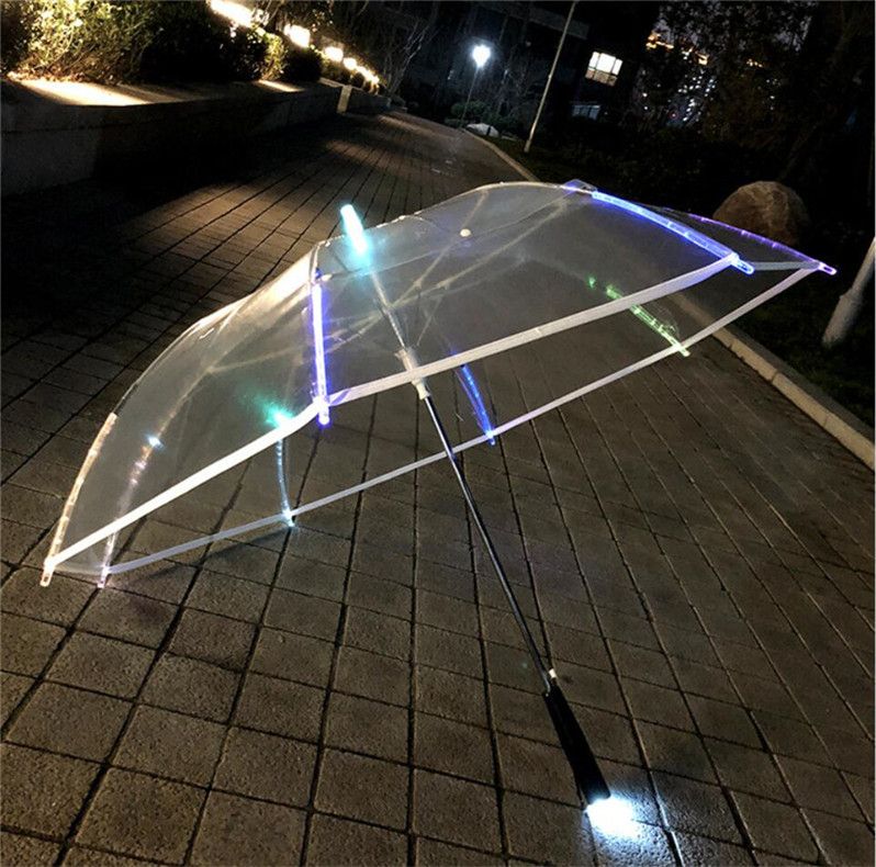 Changing Color Transparent Umbrella Glow LED Bright Luminous Clear Long Handle Advertising