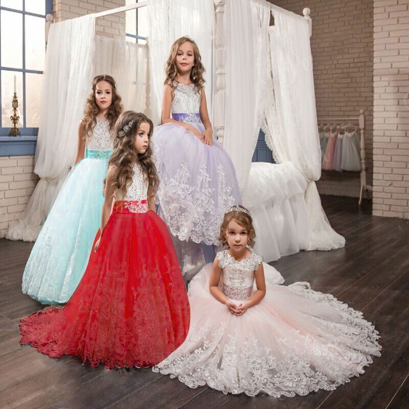 Vestidos infantiles para niñas Princesa Elegante Boda Encaje Vestido largo para niña honor Vestido