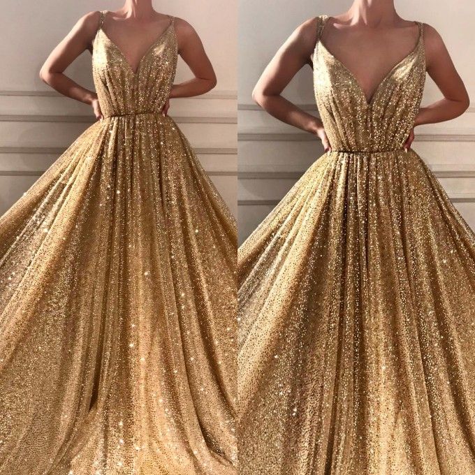 Gorgeous Sequins V Neck Gold Prom Dresses 2019 Long Gorgeous Sequins V Neck Gold Prom Dresses 2019 Long