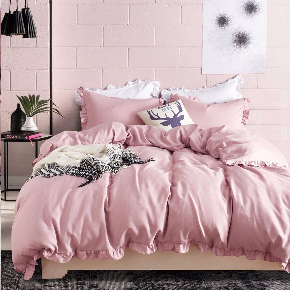 Romantic Pink Bedding Set Elegant Ruffles Edge Duvet Cover Set