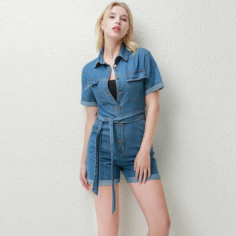 waist belt denim jumpsuit