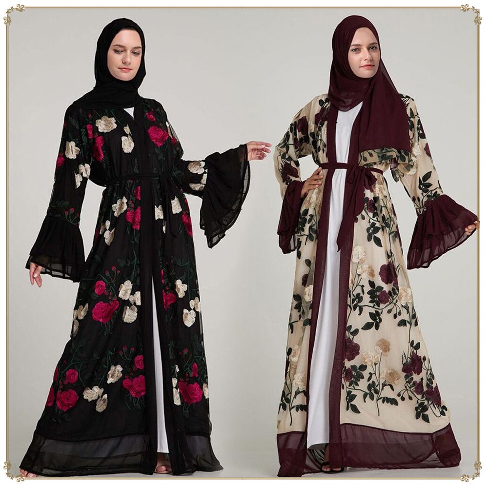 YYear Womens Middle East Muslim Long Sleeve Lace Stitch Open Front Cardigan Robe Dress