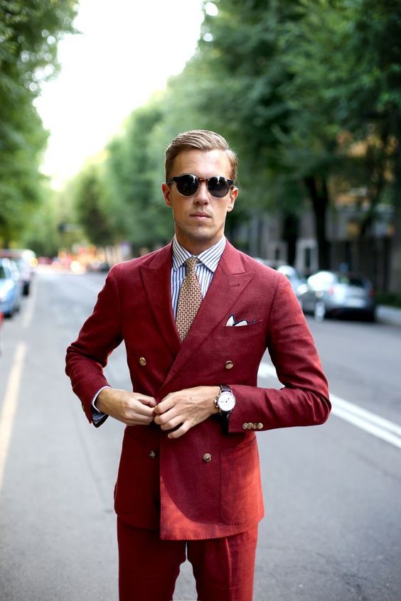 Red Linen Slim Fit Beach Wedding Suits 