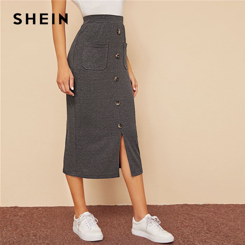Compre De Punto Elástico Gris Shein Solo Pecho De Split Hem De Bolsillo  Parcheado Bordea A Las Mujeres De Cintura Alta De Otoño Casual De Las  Señoras De La Falda Larga Recta