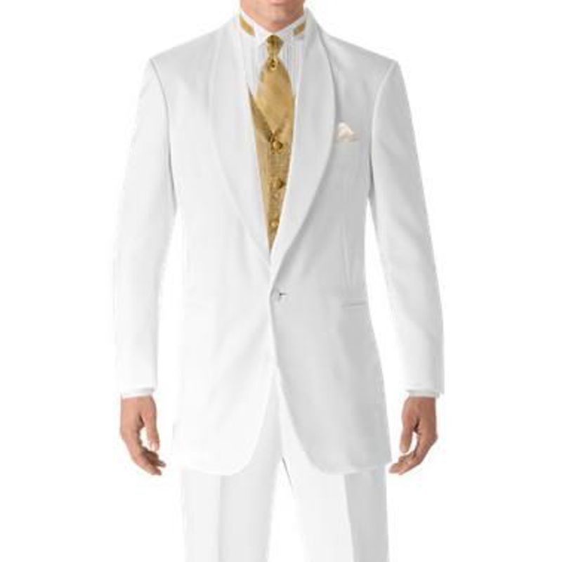 White And Gold Wedding Tuxedos For Groom Men Suits Shawl Lapel Custom