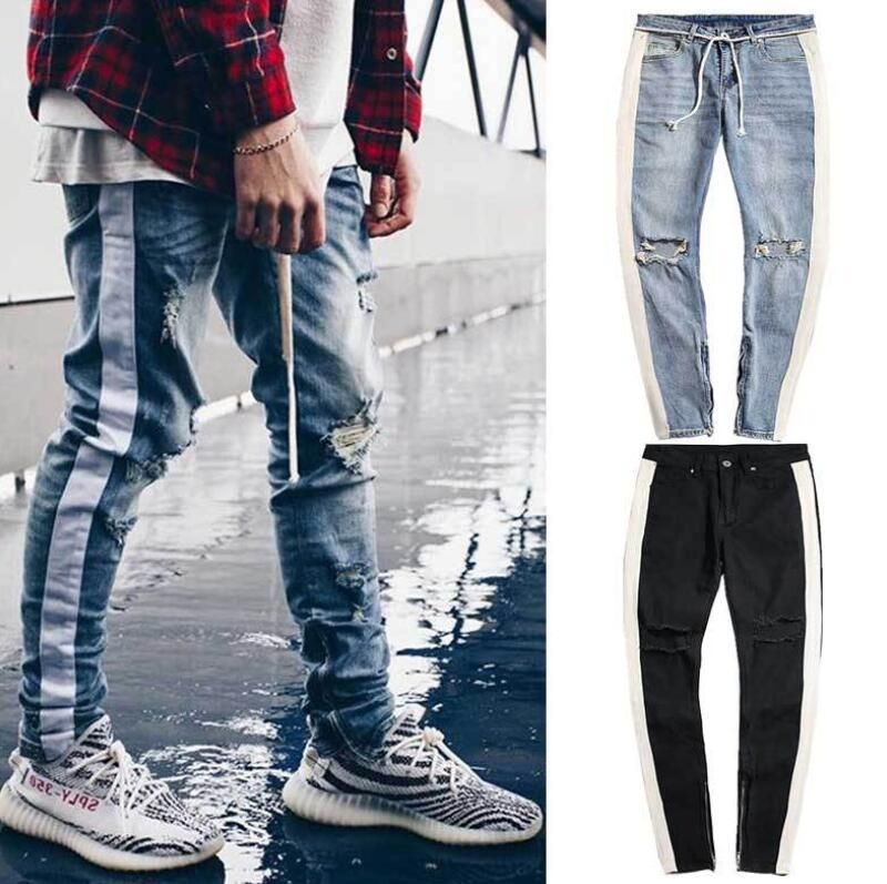 Kanye GD Fear Of God Striped Men High Street Jean Pants Holes Zippers Designer Biker Jeans From Cm003, $33.27 | DHgate.Com