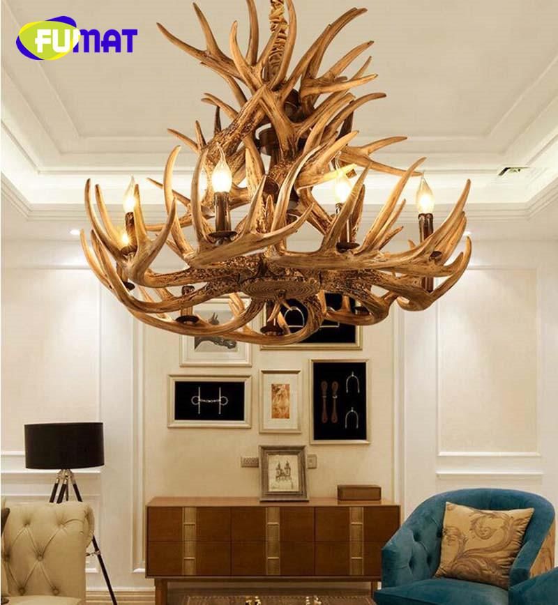 Fumat Antlers Resin Chandelier Brown Pendant Lighting Fixture Retro Led Antler Ceiling Lustre Chandeliers E14 Vintage Novelty Pendant Light Pull Down