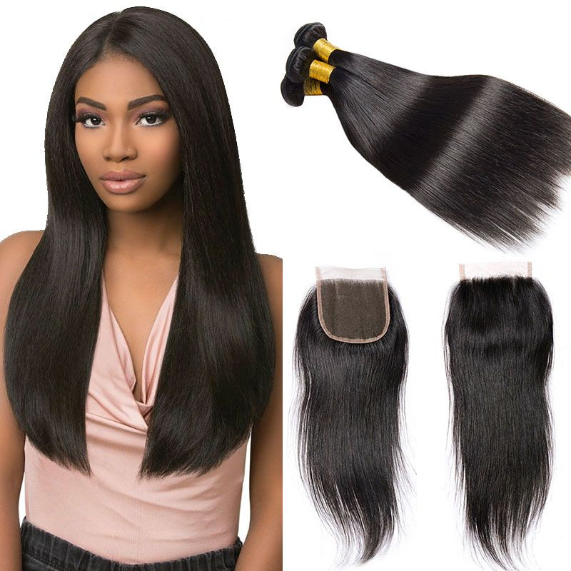 Brazilian Hair 3 Bundles Straight Weaves With Closure Unprocessed
