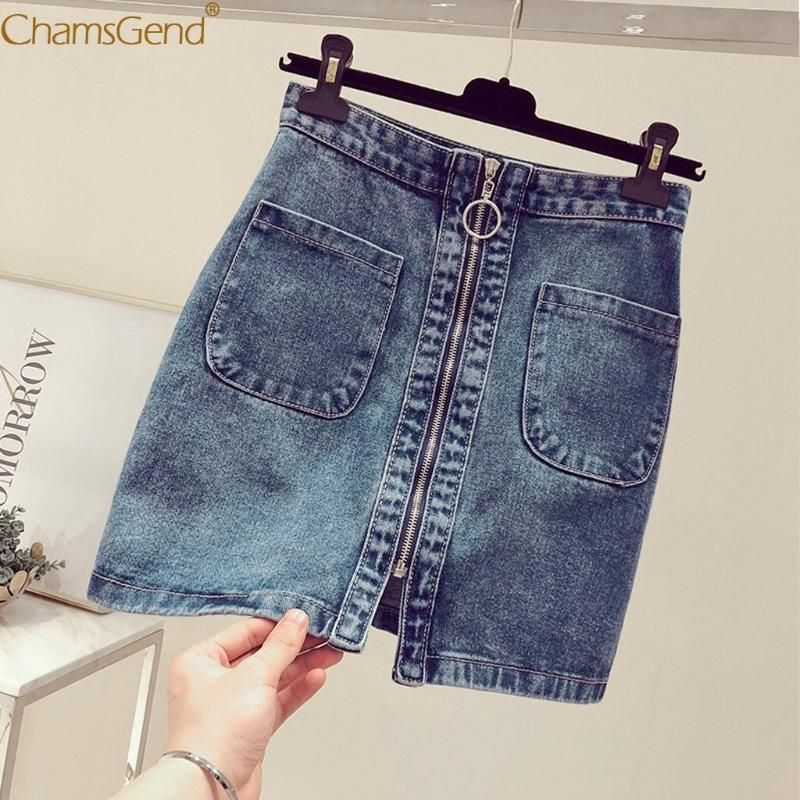 Mujeres Denim Zipper Slit Slim Coreano Alto Bolsillo Estudiante Falda corta