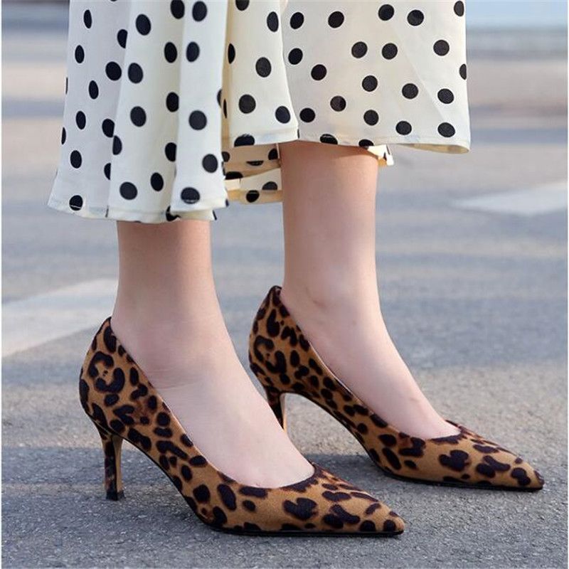 Ladies Heels 7 5 3CM Leopard Print High Heels Size 33 41 Femme Pompes Flock Shoes Woman High Heel Shoes Escarpins Femme