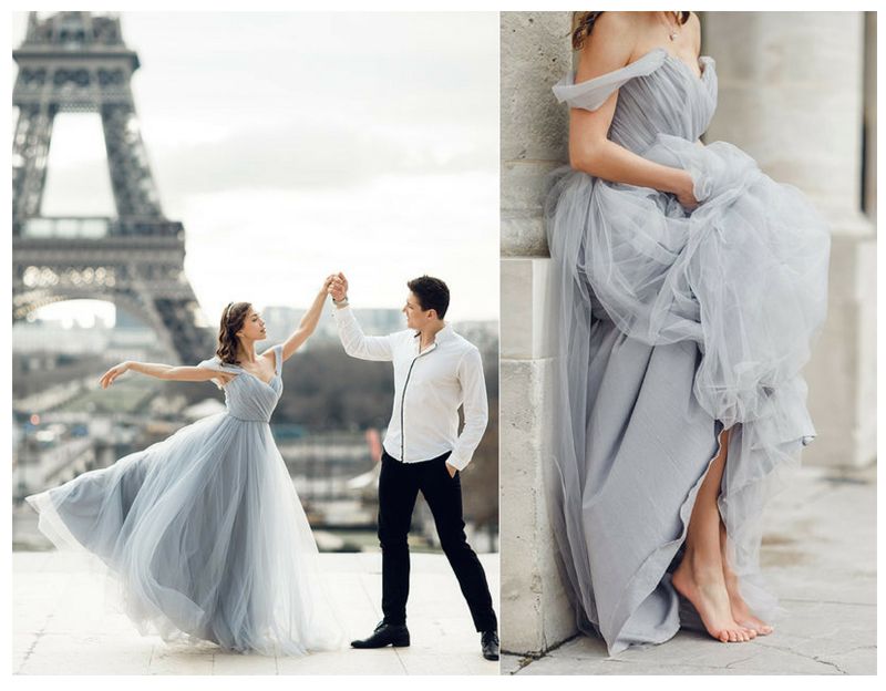 Vestidos de novia gris pálido Romántico 2020 Nuevo Tul plisado Fantasía  Fuera del hombro Longitud del