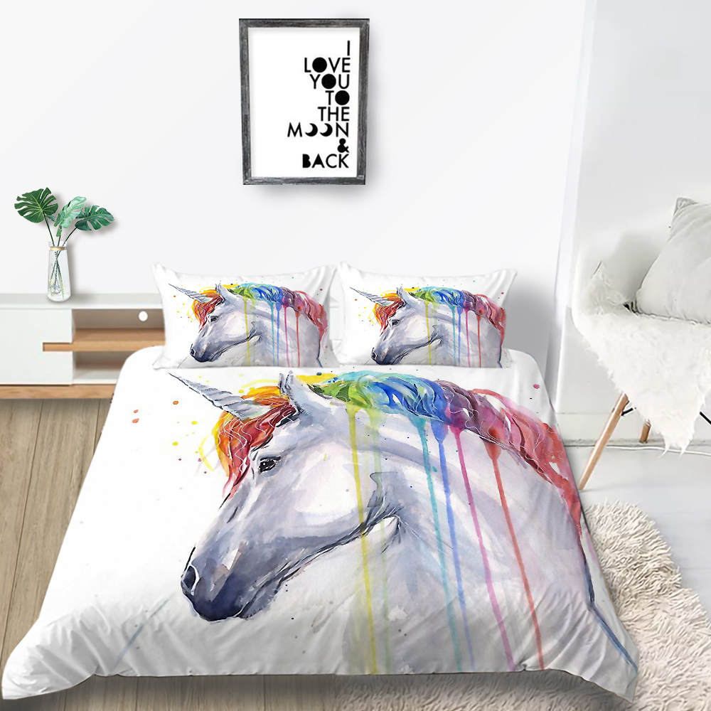 Unicorn Bedding Set Watercolor Fantasy Artistic Duvet Cover For