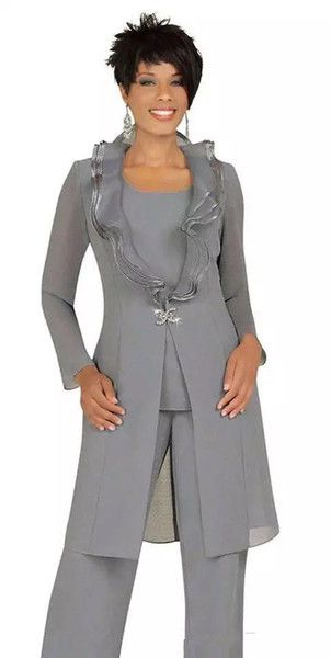 Acheter 2019 Gris Mère De La Mariée Pantalon Costumes Avec Longue Veste Custom Made Pas Cher Femmes De Mariage Robes Invité Tenue De Soirée De 10026