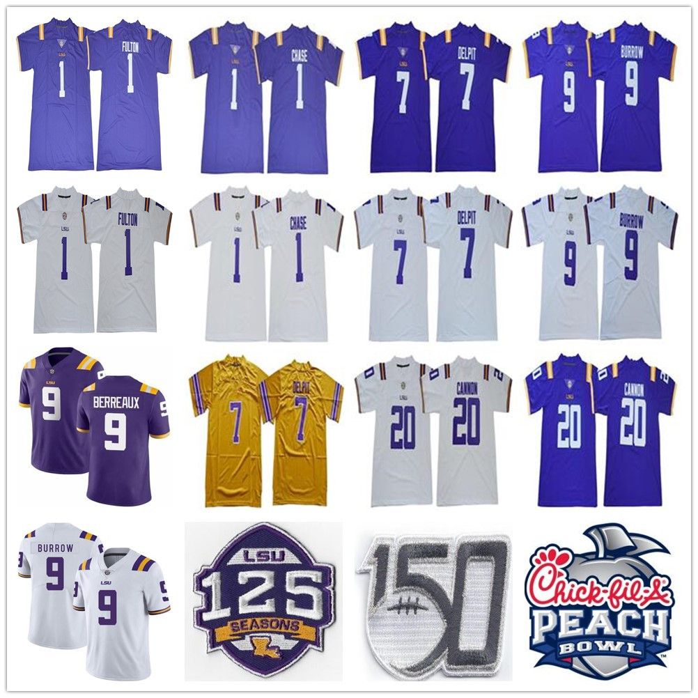 2020 NCAA LSU Tigers Burreaux Football Jerseys 2020 Peach Bowl College