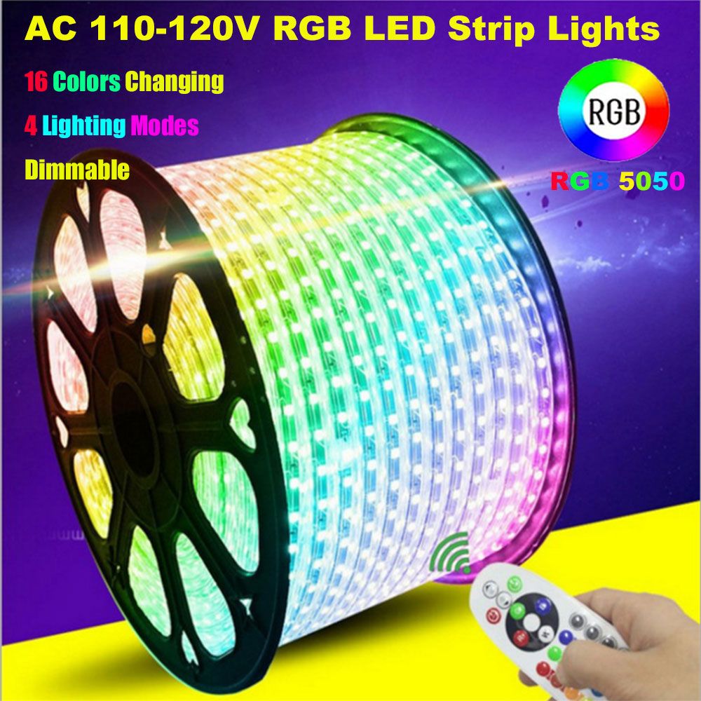 LED Strip Lights, Remote Control RGB AC 220V SMD 5050 60 LEDs/M Waterproof Rope Light Strips ...