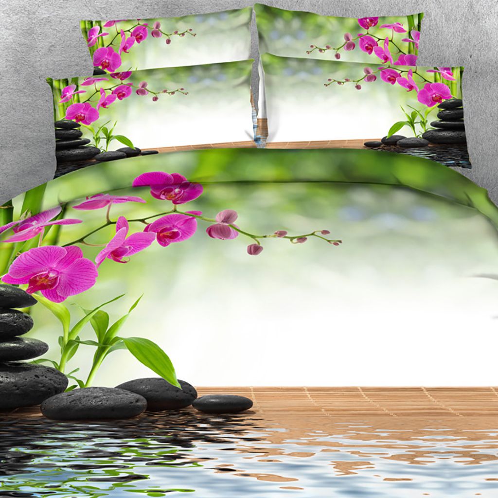 Grey Duvet Cover Set with Pillow Shams Traditional Bamboo Leaves Print