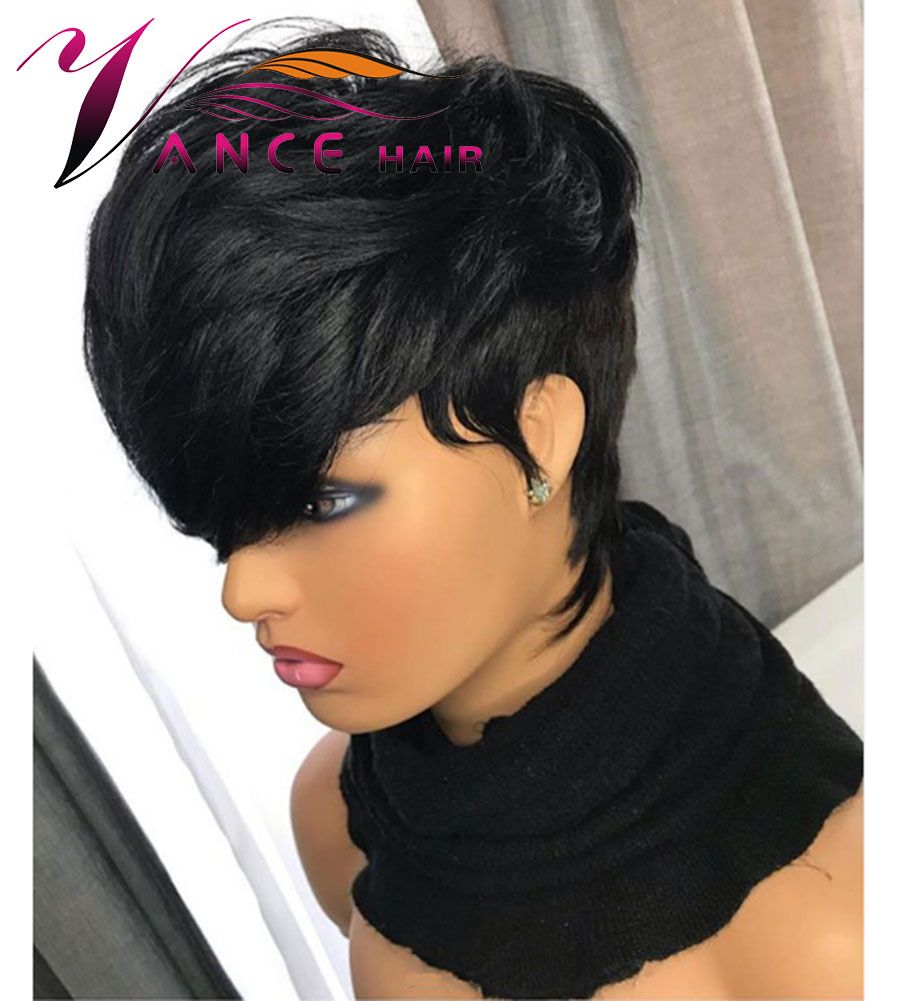 Vancehair full lace Human Hair Wigs 130% density Natural black Short Pixie  Cut Layered for