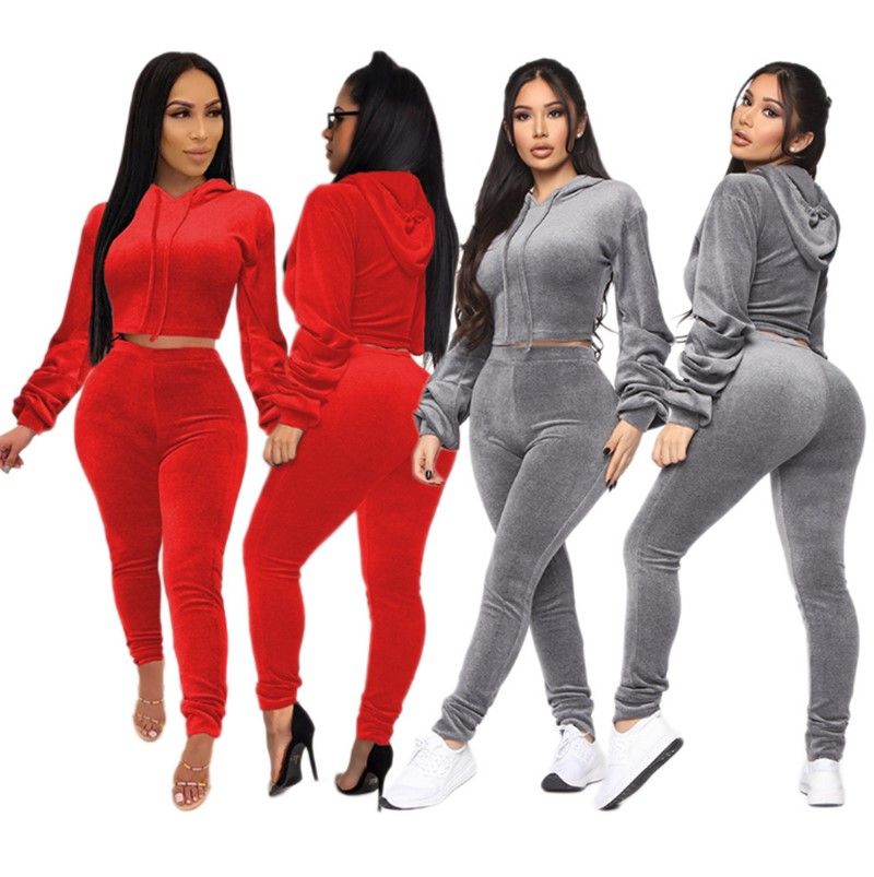 Fall Winter Women Solid Color Outfits Set Jogging Suit Hoodie Crop Top ...