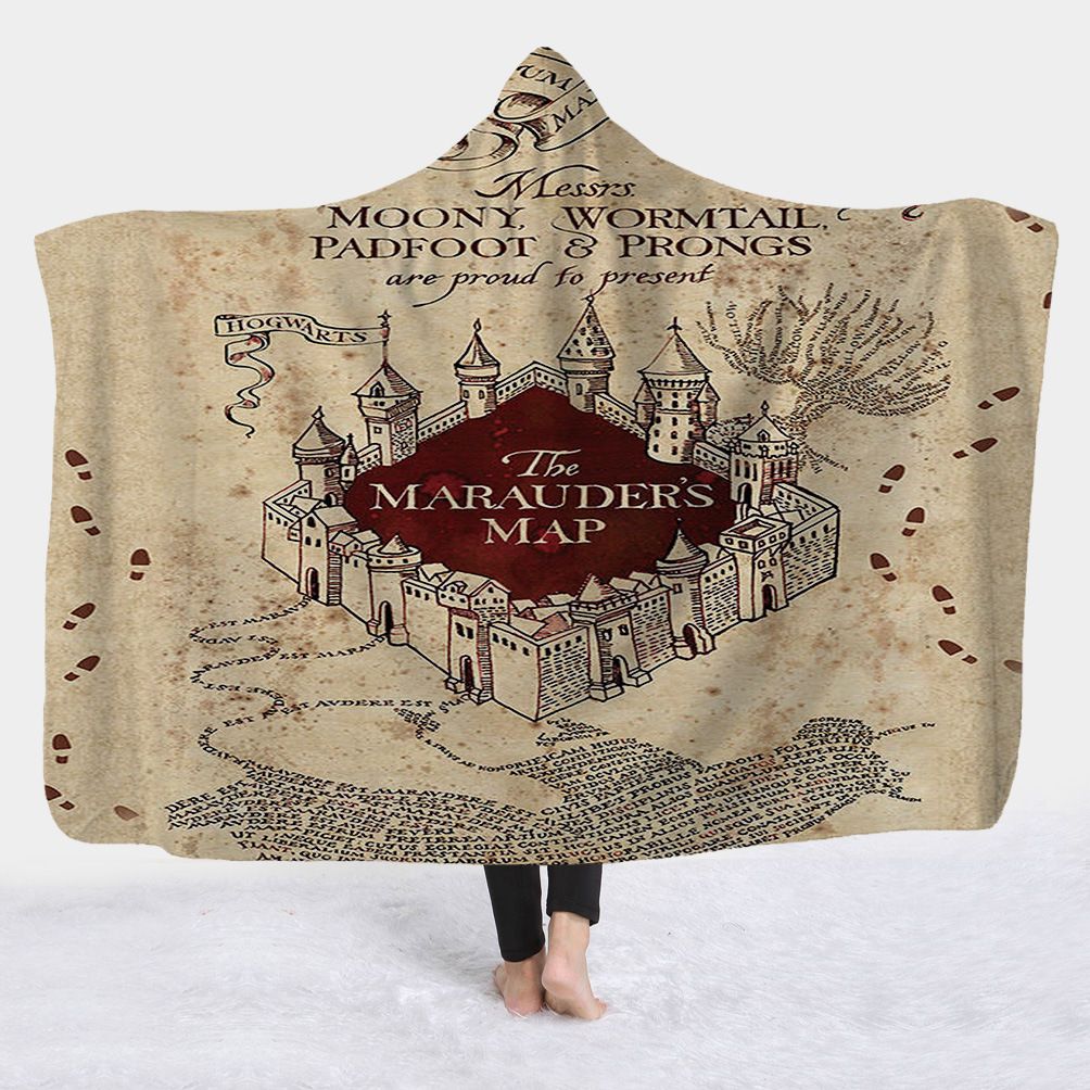 Manta con capucha de Harry Potter con impresión digital 3D de terciopelo ártico de doble capa de capa gruesa para adultos y niños 130 x 150 cm manta de siesta E 