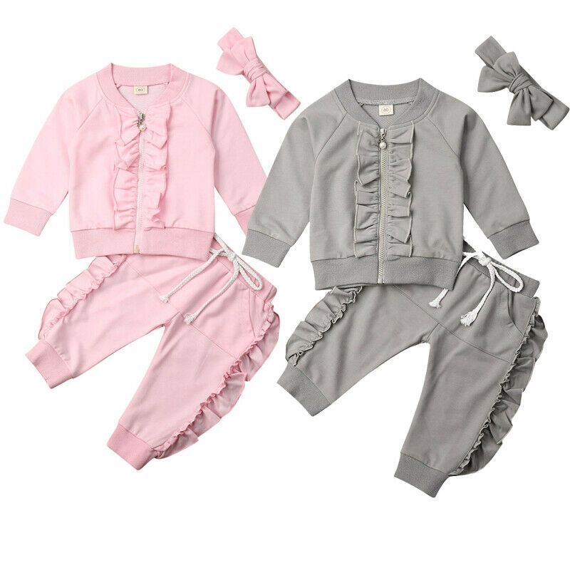 UK 3PCS Toddler Kids Baby Girls Ruffle Tops Solid Pants Winter Outfits Clothes